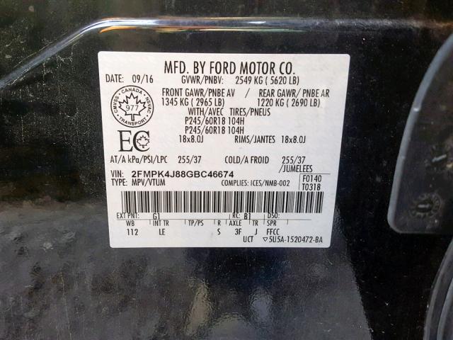 2FMPK4J88GBC46674 - 2016 FORD EDGE SEL BLACK photo 10