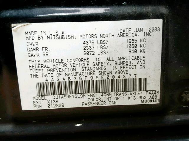 4A3AB36F99E004377 - 2009 MITSUBISHI GALANT ES BLACK photo 10