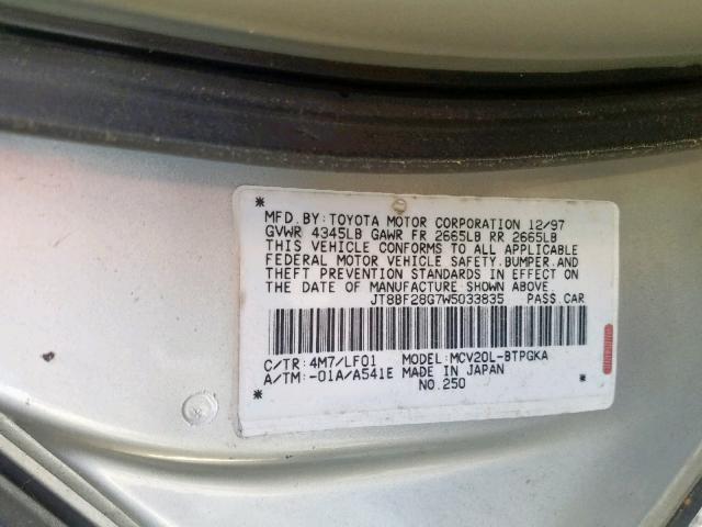 JT8BF28G7W5033835 - 1998 LEXUS ES 300 GRAY photo 10