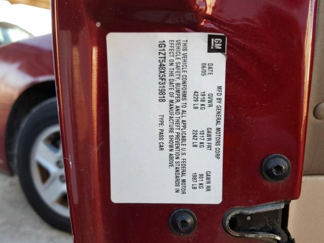 1G1ZT548X5F319818 - 2005 CHEVROLET MALIBU LS 红色 照片 10