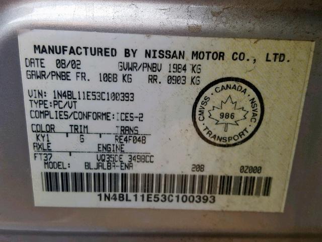 1N4BL11E53C100393 - 2003 NISSAN ALTIMA SE SILVER photo 10