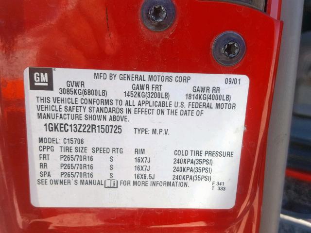 1GKEC13Z22R150725 - 2002 GMC YUKON RED photo 10