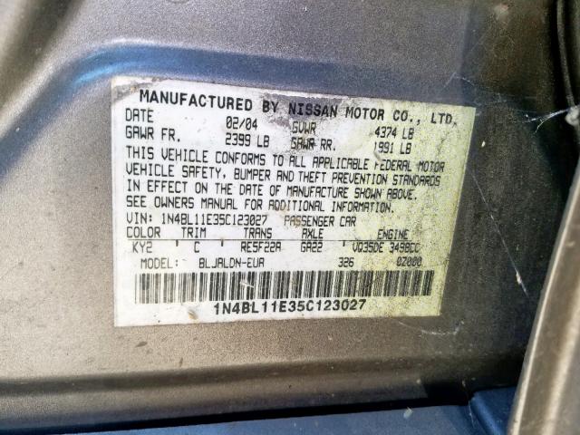 1N4BL11E35C123027 - 2005 NISSAN ALTIMA SE GREEN photo 10