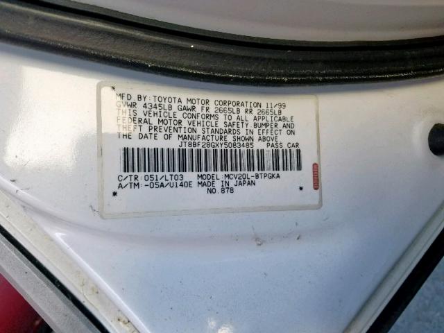 JT8BF28GXY5083485 - 2000 LEXUS ES 300 WHITE photo 10