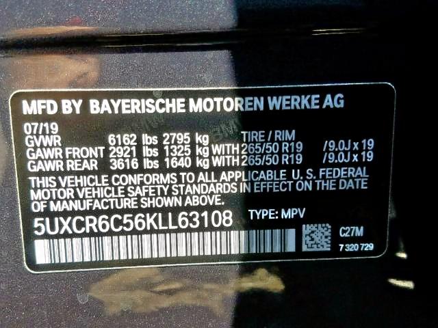 5UXCR6C56KLL63108 - 2019 BMW X5 XDRIVE4 GRAY photo 10