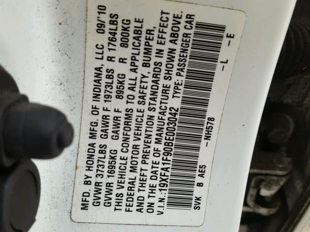 19XFA1F90BE003042 - 2011 HONDA CIVIC EXL WHITE photo 10