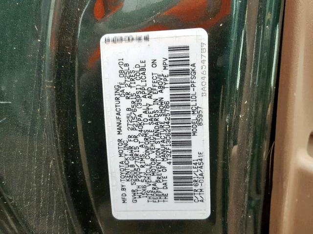 4T3ZF13C62U425786 - 2002 TOYOTA SIENNA LE GREEN photo 10