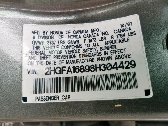 2HGFA16988H304429 - 2008 HONDA CIVIC EXL 灰色 照片 10