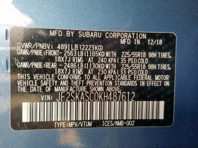 JF2SKASC0KH487612 - 2019 SUBARU FORESTER L BLUE photo 10