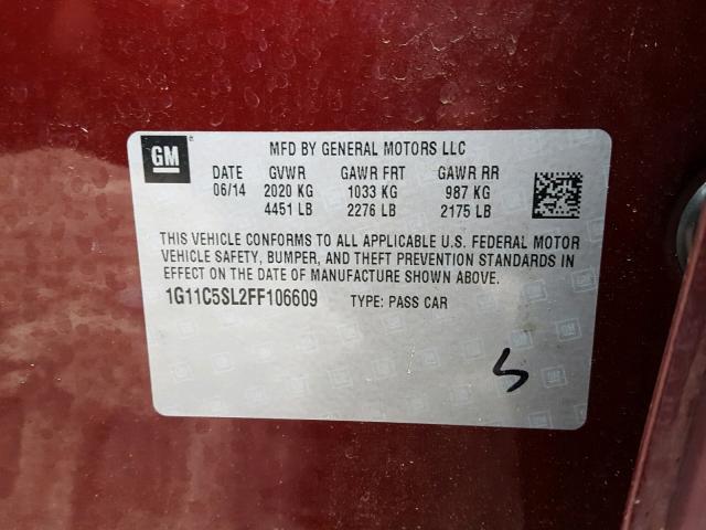 1G11C5SL2FF106609 - 2015 CHEVROLET MALIBU 1LT BURGUNDY photo 10