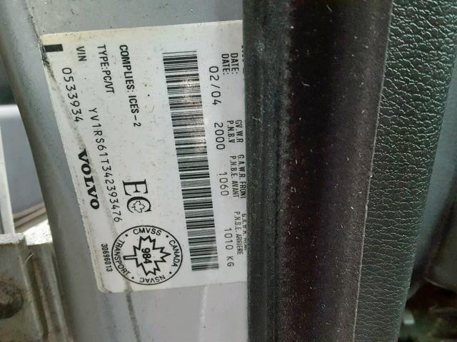YV1RS61T342393476 - 2004 VOLVO S60 SILVER photo 10