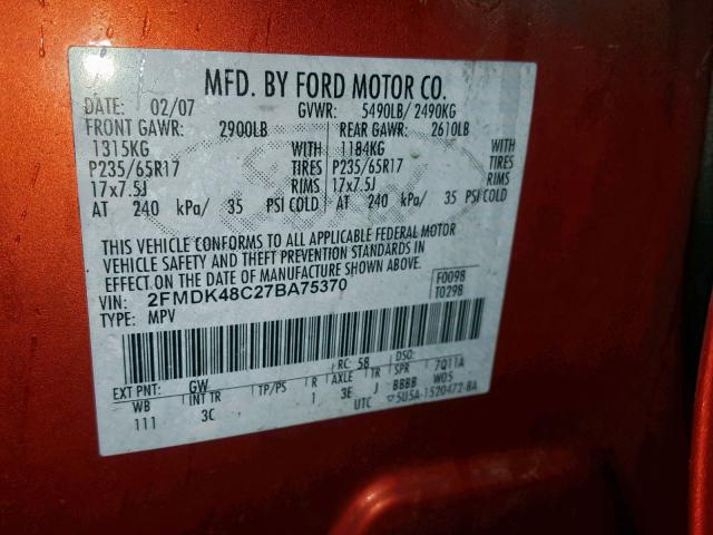 2FMDK48C27BA75370 - 2007 FORD EDGE SEL ORANGE photo 10