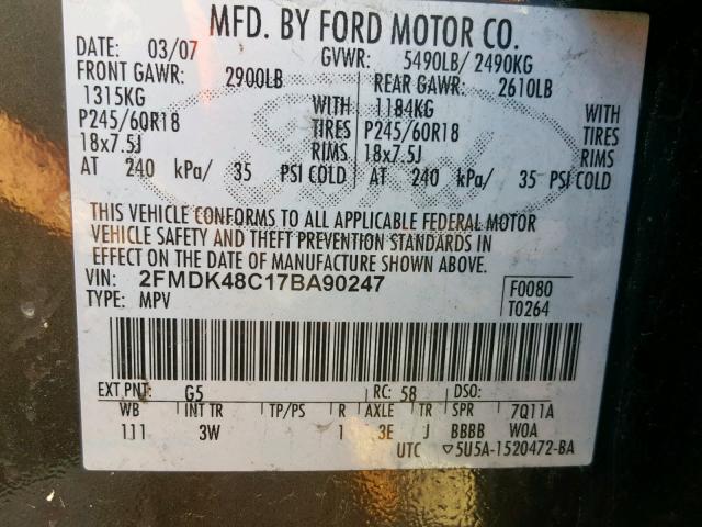 2FMDK48C17BA90247 - 2007 FORD EDGE SEL BLACK photo 10