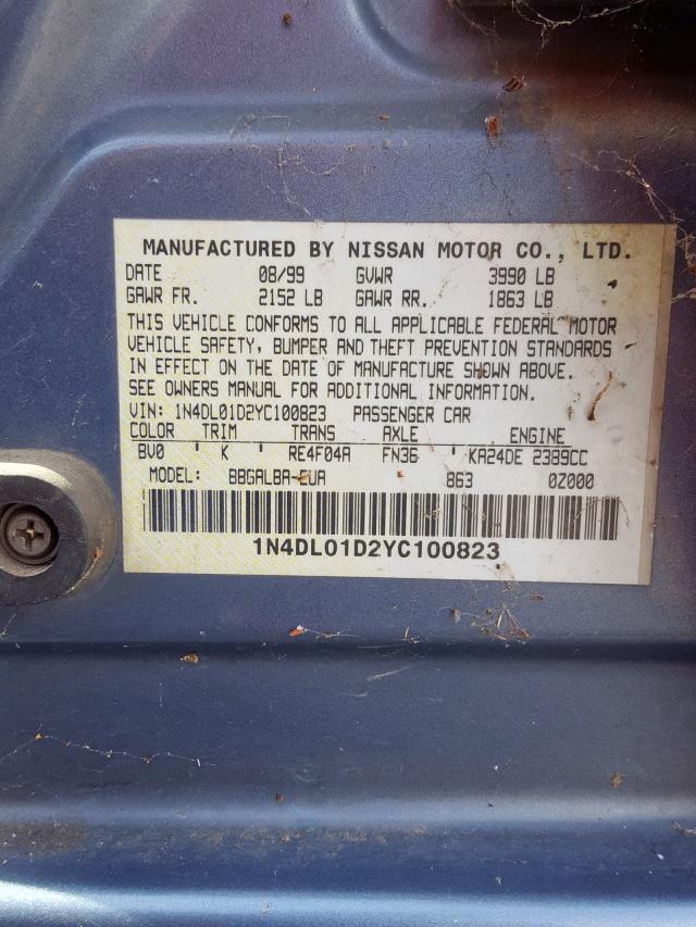 1N4DL01D2YC100823 - 2000 NISSAN ALTIMA XE BLUE photo 10