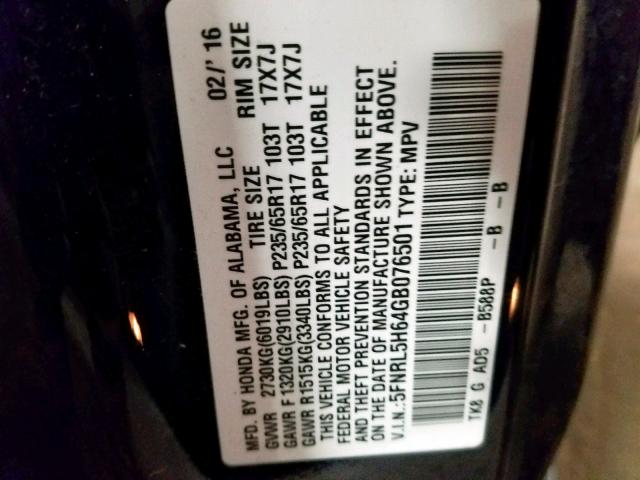 5FNRL5H64GB076501 - 2016 HONDA ODYSSEY EX BLUE photo 10