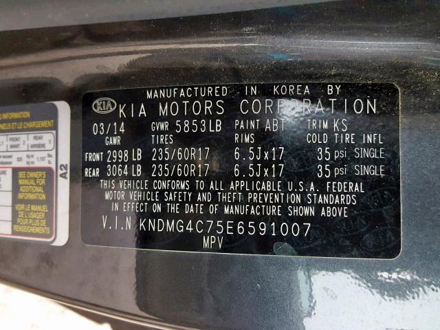 KNDMG4C75E6591007 - 2014 KIA SEDONA LX GRAY photo 10