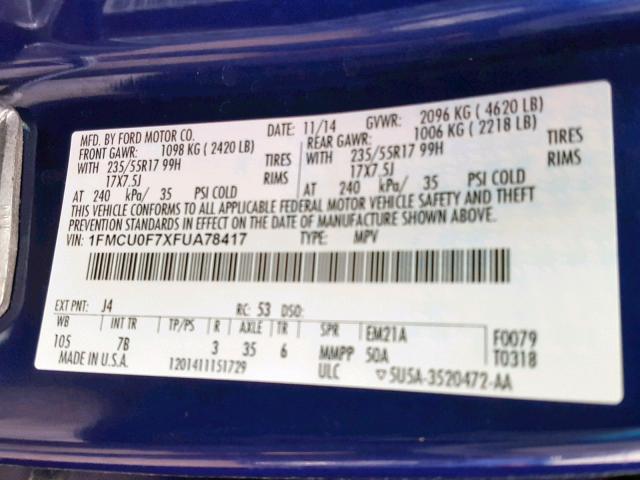 1FMCU0F7XFUA78417 - 2015 FORD ESCAPE S BLUE photo 10