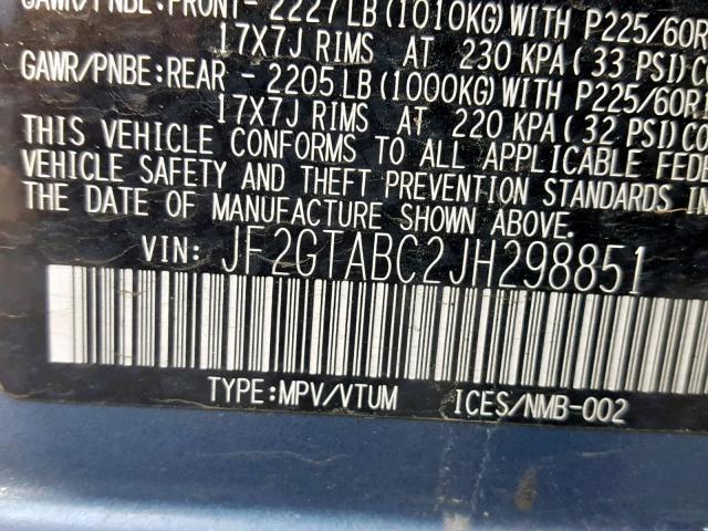 JF2GTABC2JH298851 - 2018 SUBARU CROSSTREK BLUE photo 10