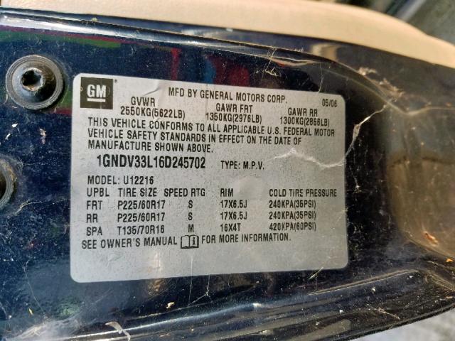 1GNDV33L16D245702 - 2006 CHEVROLET UPLANDER L 蓝色 照片 10