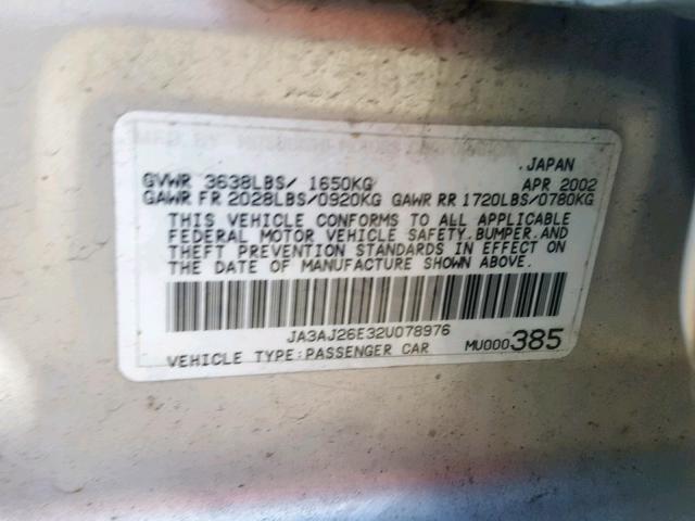 JA3AJ26E32U078976 - 2002 MITSUBISHI LANCER ES SILVER photo 10