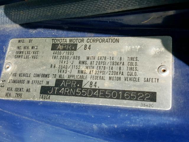 JT4RN55D4E5016522 - 1984 TOYOTA PICKUP 1/2 BLUE photo 10