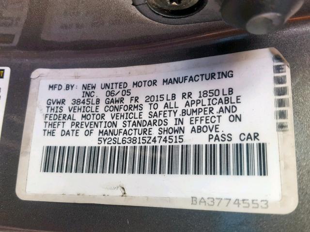 5Y2SL63815Z474515 - 2005 PONTIAC VIBE GRAY photo 10