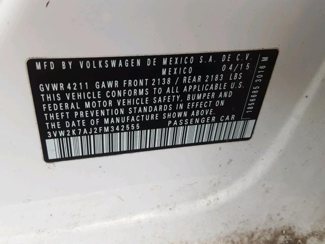 3VW2K7AJ2FM342555 - 2015 VOLKSWAGEN JETTA BASE Սպիտակ լուսանկար 10