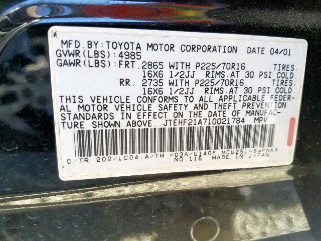 JTEHF21A710021784 - 2001 TOYOTA HIGHLANDER BLACK photo 10