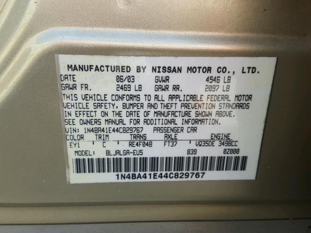 1N4BA41E44C829767 - 2004 NISSAN MAXIMA SE GOLD photo 10