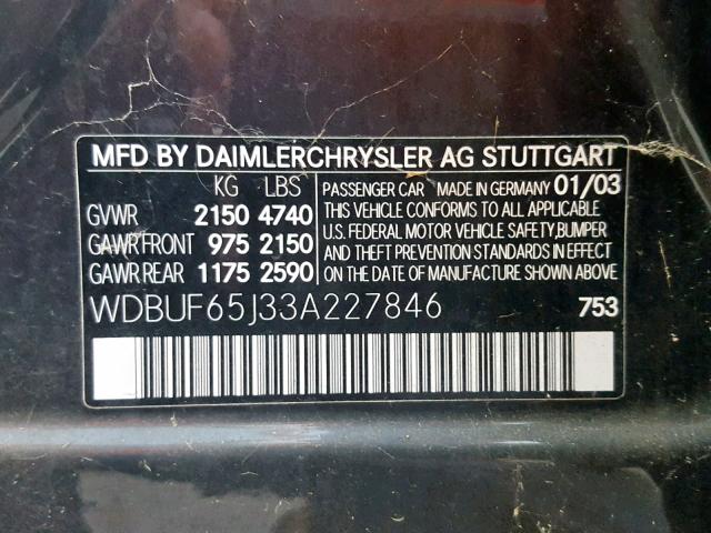 WDBUF65J33A227846 - 2003 MERCEDES-BENZ E 320 BLACK photo 10