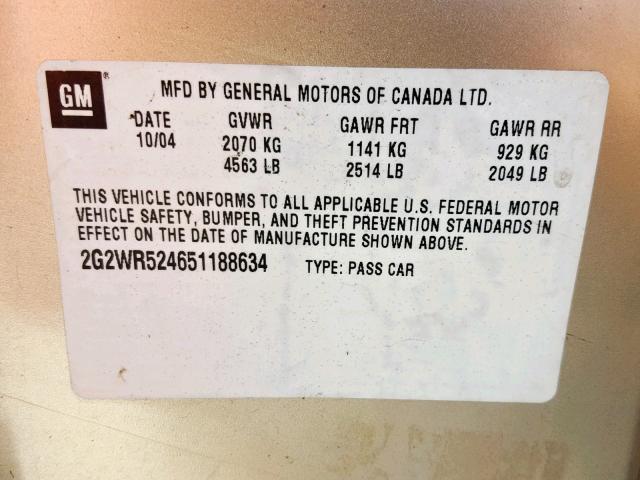 2G2WR524651188634 - 2005 PONTIAC GRAND PRIX GOLD photo 10