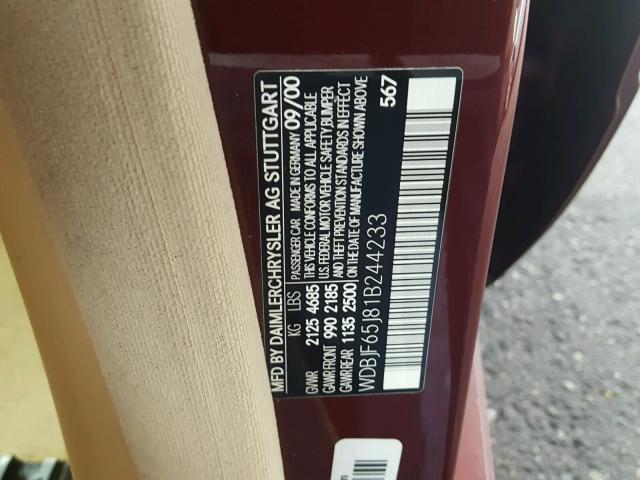 WDBJF65J81B244233 - 2001 MERCEDES-BENZ E 320 BURGUNDY photo 10