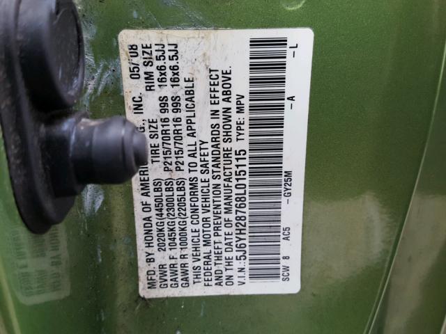 5J6YH28768L015115 - 2008 HONDA ELEMENT EX GREEN photo 10