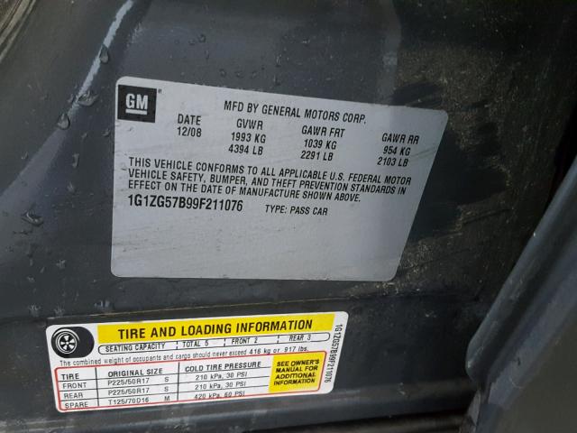 1G1ZG57B99F211076 - 2009 CHEVROLET MALIBU LS 灰色 照片 10