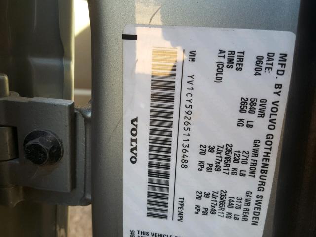 YV1CY592651136488 - 2005 VOLVO XC90 SILVER photo 10