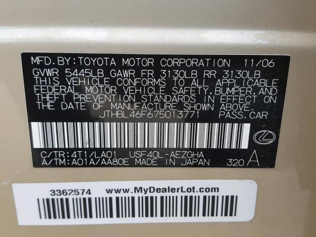 JTHBL46F675013771 - 2007 LEXUS LS 460 GOLD photo 10