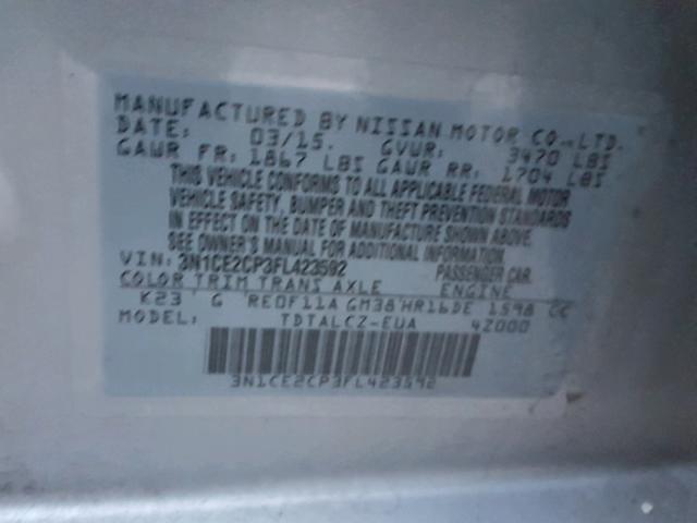 3N1CE2CP3FL423592 - 2015 NISSAN VERSA NOTE SILVER photo 10