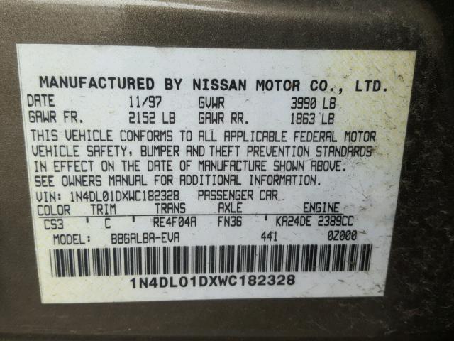 1N4DL01DXWC182328 - 1998 NISSAN ALTIMA XE TAN photo 10