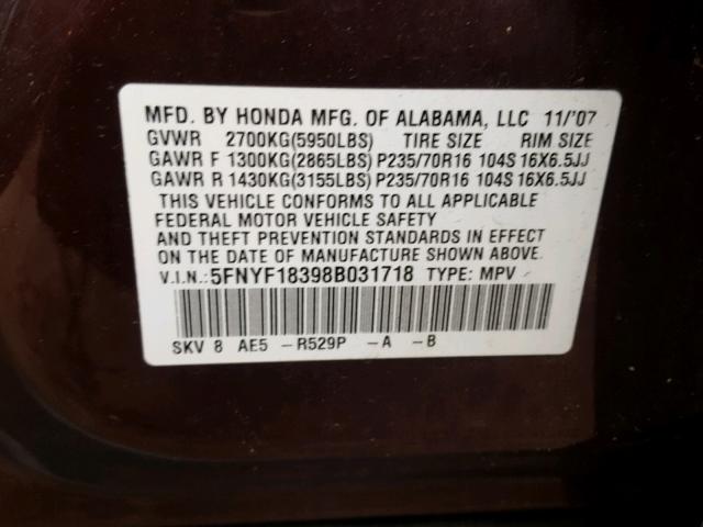 5FNYF18398B031718 - 2008 HONDA PILOT SE BURGUNDY photo 10