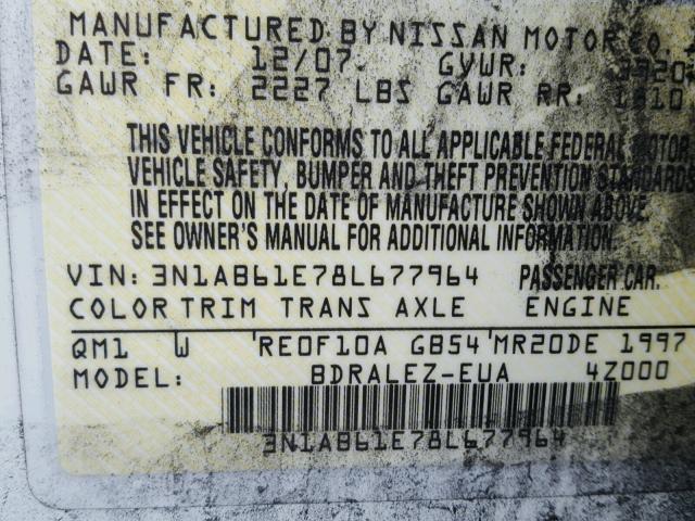 3N1AB61E78L677964 - 2008 NISSAN SENTRA 2.0 WHITE photo 10