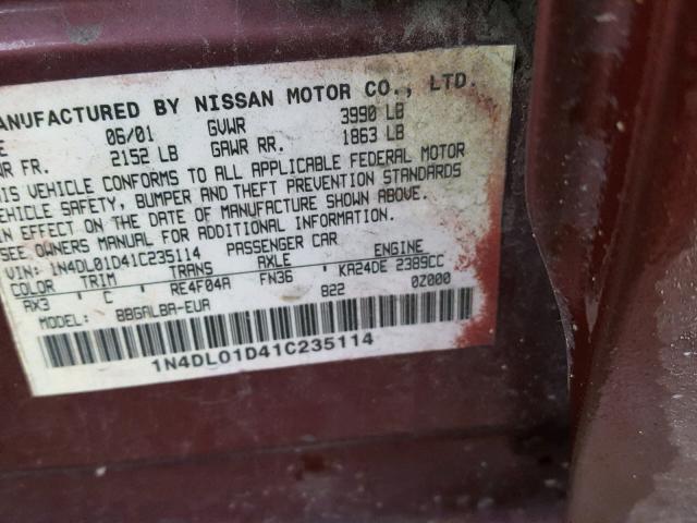 1N4DL01D41C235114 - 2001 NISSAN ALTIMA XE RED photo 10