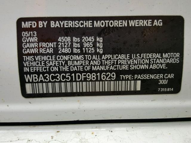 WBA3C3C51DF981629 - 2013 BMW 320 I WHITE photo 10