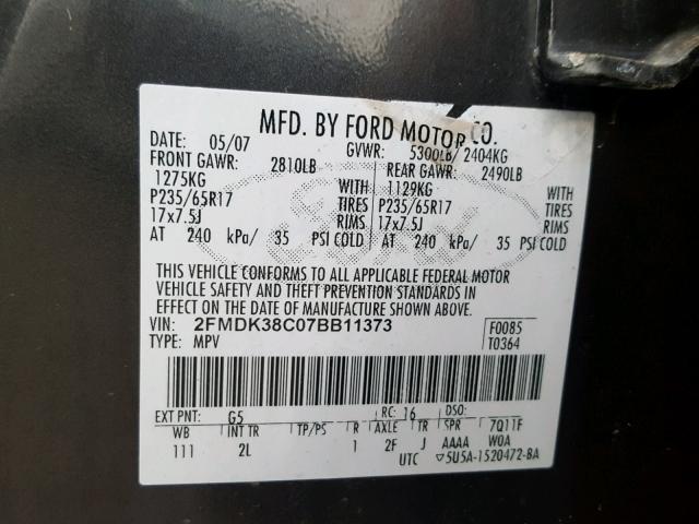 2FMDK38C07BB11373 - 2007 FORD EDGE SEL BLACK photo 10