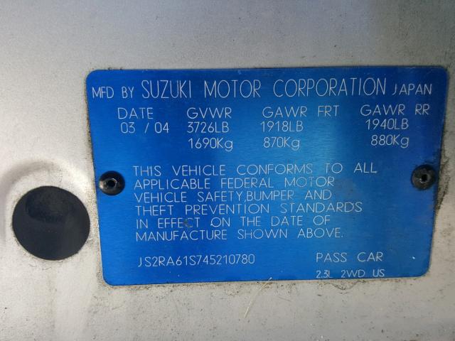 JS2RA61S745210780 - 2004 SUZUKI AERIO S SILVER photo 10