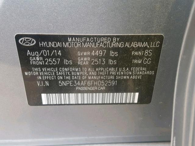 5NPE34AF6FH052591 - 2015 HYUNDAI SONATA SPO GRAY photo 10