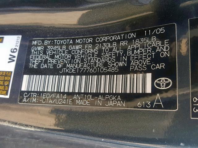 JTKDE177760105485 - 2006 TOYOTA SCION TC Gris photo 10