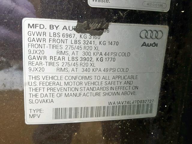 WA1AV74L87D032727 - 2007 AUDI Q7 4.2 QUA CHARCOAL photo 10