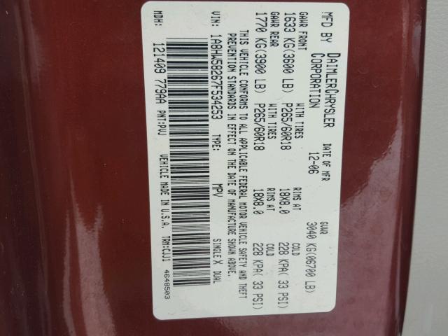 1A8HW58267F534253 - 2007 CHRYSLER ASPEN LIMI BURGUNDY photo 10