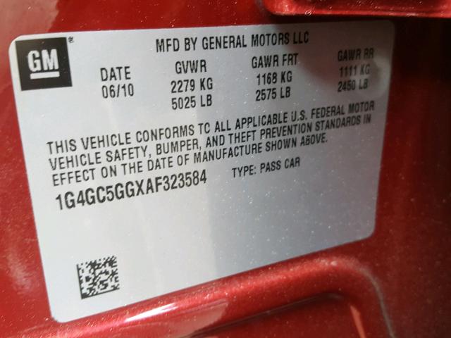 1G4GC5GGXAF323584 - 2010 BUICK LACROSSE C RED photo 10