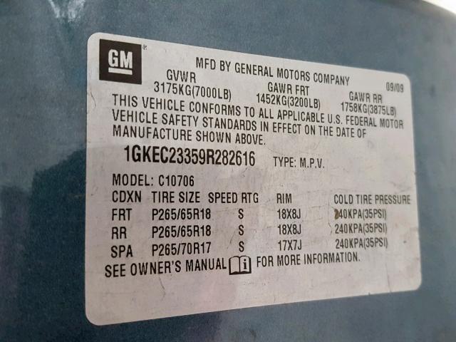 1GKEC23359R282616 - 2009 GMC YUKON SLE BLUE photo 10